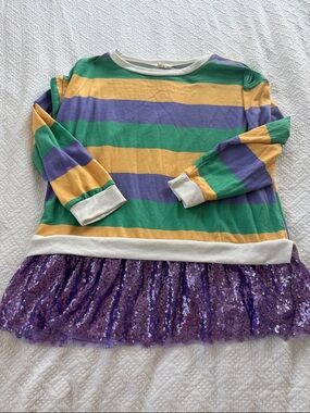 BiBi Green, Yellow & Purple Striped Sweatshirt with Purple Sequin Hem